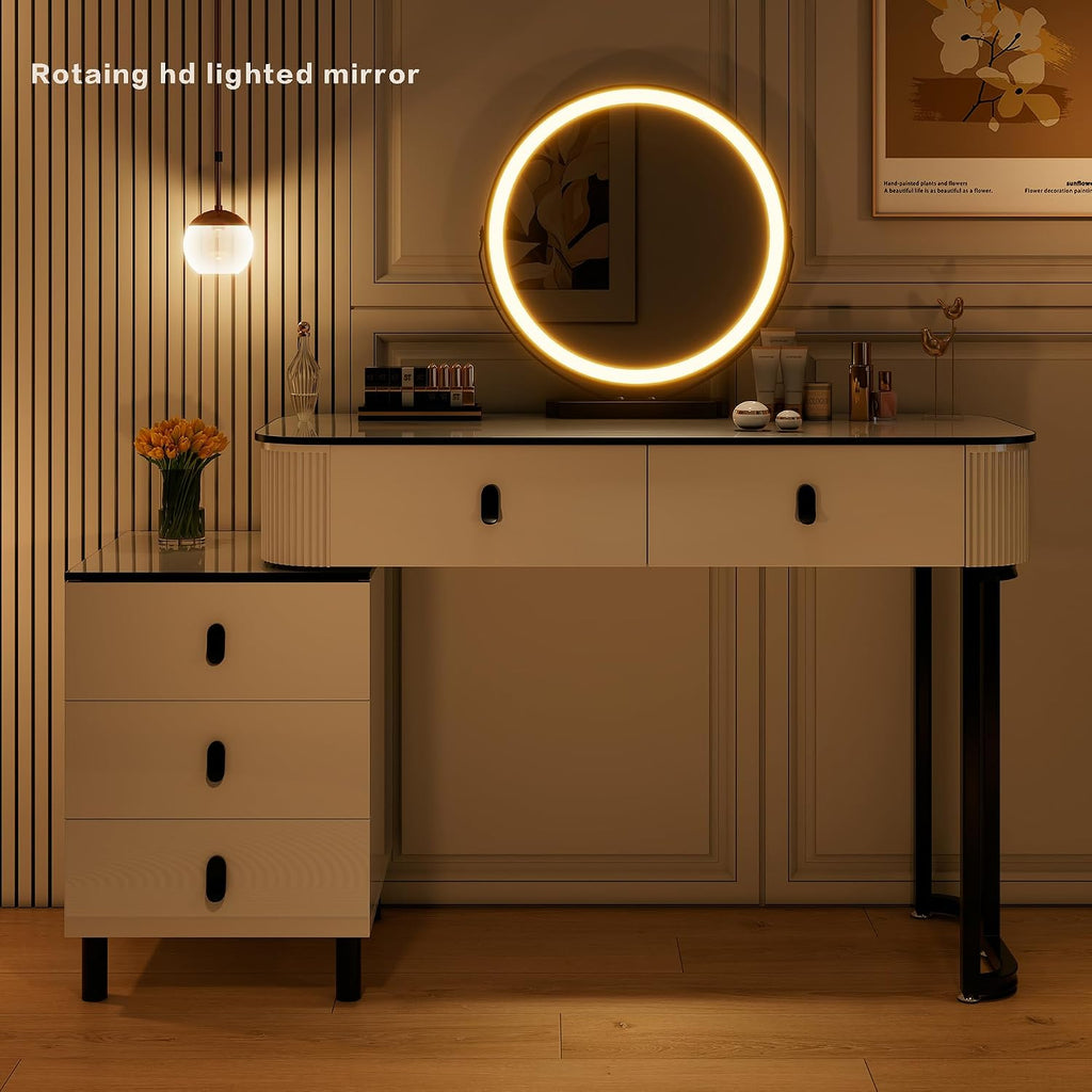 KDCAS Small Makeup Vanity Desk with Mirror and LED Lights | Modern Fluted Vanity Table with Drawers and Reversible Adjustable Side Cabinet (39.37"–51.2") | Space-Saving White Vanity Desk for Bedroom