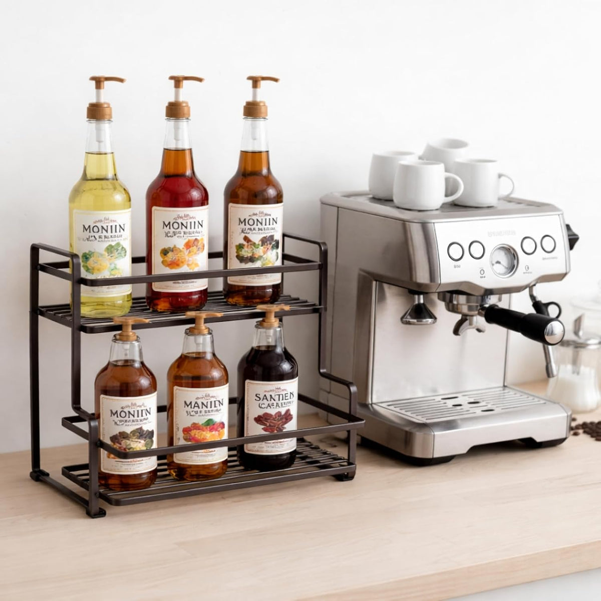 Coffee Syrup Organizer, 2-Tier Metal Syrup Rack, Liquor Bottle Display Shelf, Coffee Bar Accessories Decor, Kitchen Countertop Organizer for Syrups, Wine, Spice