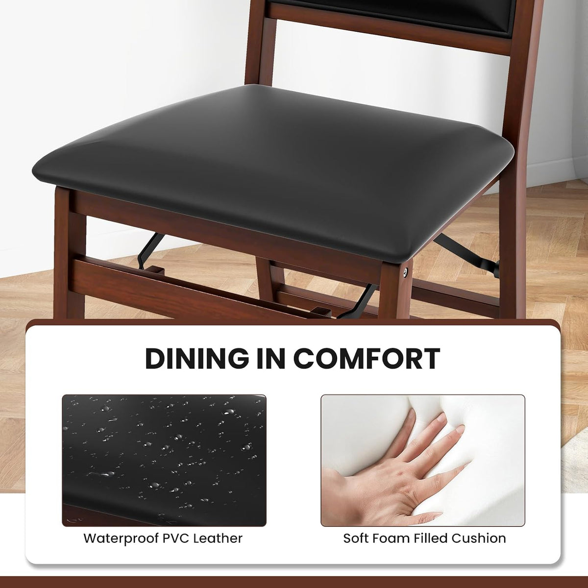 KOTEK Folding Dining Chairs Set of 2, Wooden Kitchen Chairs with Padded Seat & Backrest, Foldable Armless Side Chairs for Dining Room, Living Room