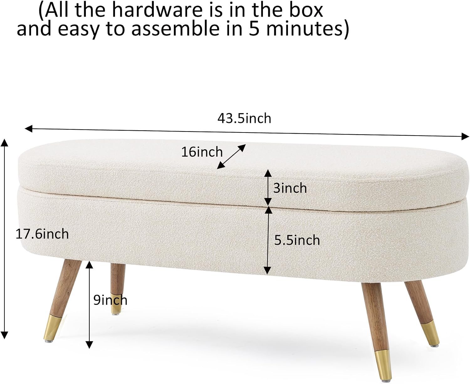 IAFIKE Oval Storage Bench 43.5" Ottoman Bench Upholstered Boucle Fabric Footrest Bench with Golden Metal Legs End of Bed for Bedroom, Living Room, Entryway,Bed Side (Beige)