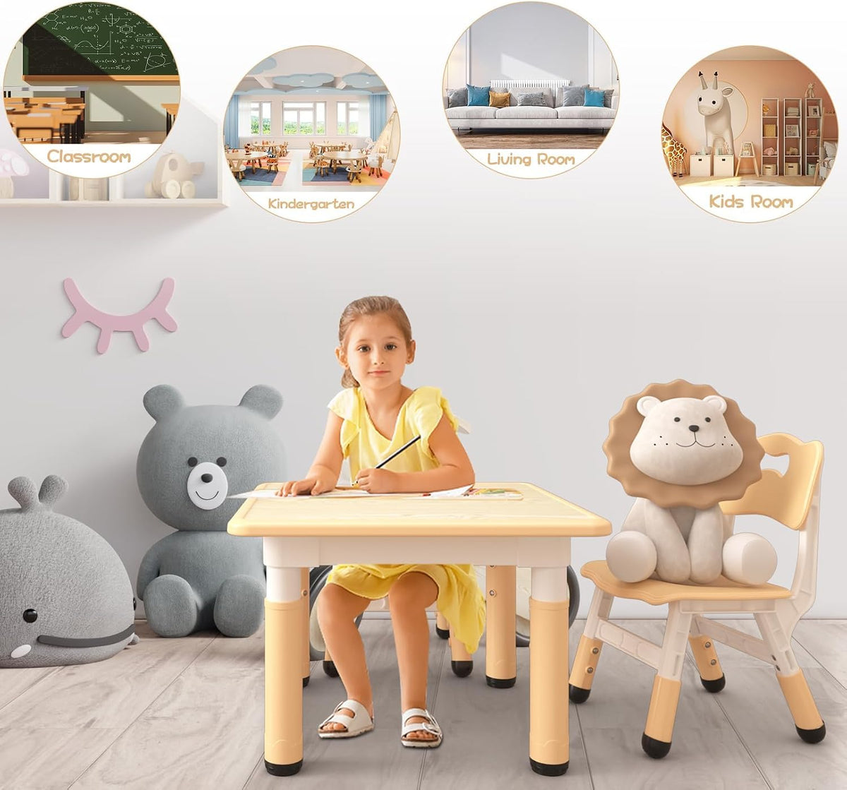 IDEALHOUSE Adjustable Height Kids Table and 2 Chairs Set – Writable Whiteboard Top, Non-Slip Legs, Easy to Clean, Ideal for Toddlers and Children Ages 2-10, Multi-Activity Table for Home, Nursery,