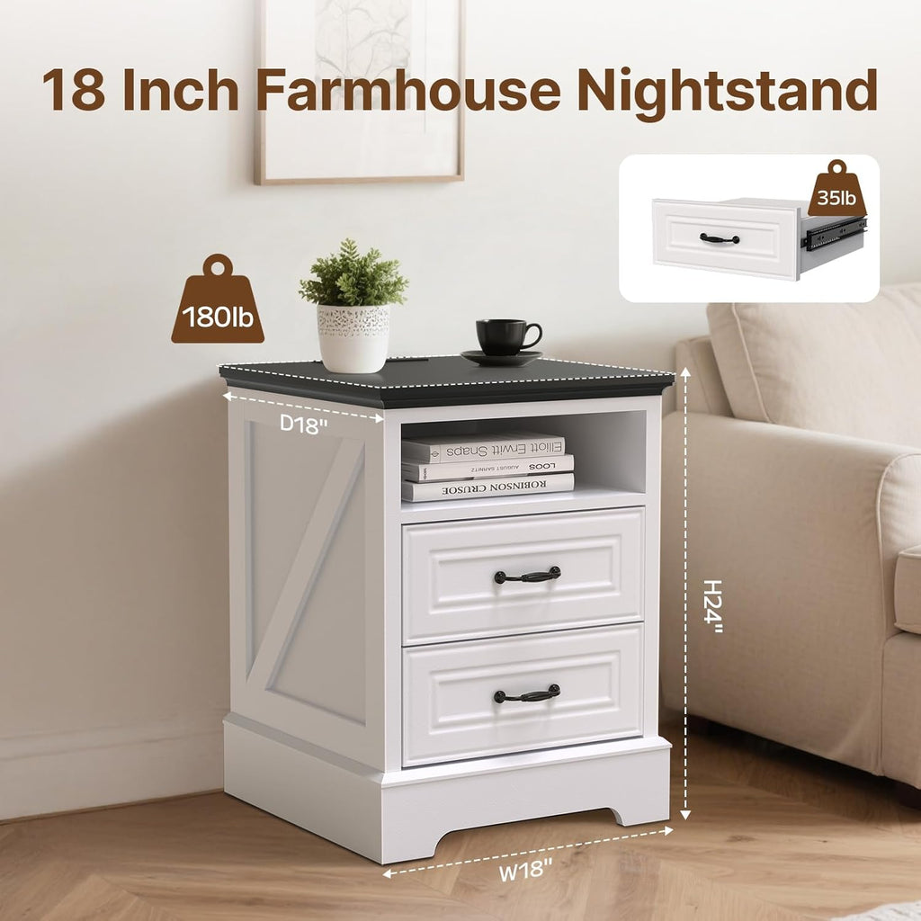 Eondon 18" Farmhouse Nightstand with Charging Station, 2 Drawers Bedside Table with Open Shelf, End Table with Storage Wood Rustic Bedside Cabinet Side Table for Living Room and Bedroom, White