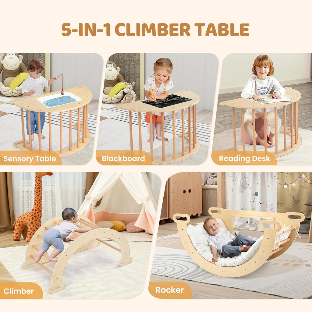 JOYMOR 5-in-1 Montessori Wooden Sensory Table with Collapsible Storage Basin & Blackboard, Multi-use Montessori Sensory Table Set for Kids and Toddlers with Arch Climber Rocker and Cushion