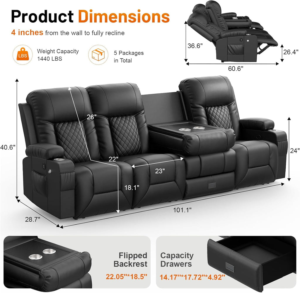 FURNIMAT Recliner Sofa, Modern Dual Reclining Sofa with Flip Back Console, 4 Seater PU Leather Recliner Couch for Living Room/RV, with Storage Drawer, USB Ports, Cup Holder, Cell Phone Holder, Black
