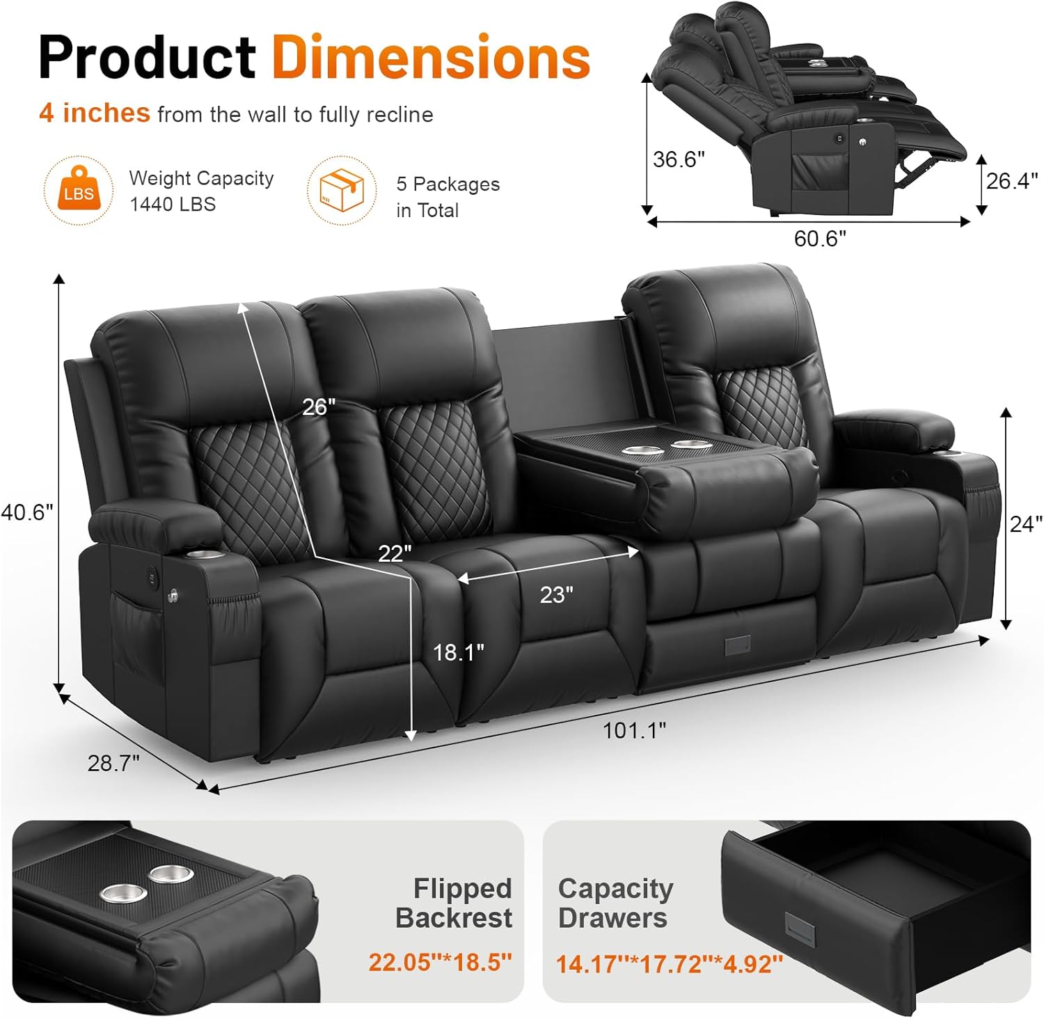 FURNIMAT Recliner Sofa, Modern Dual Reclining Sofa with Flip Back Console, 4 Seater PU Leather Recliner Couch for Living Room/RV, with Storage Drawer, USB Ports, Cup Holder, Cell Phone Holder, Black