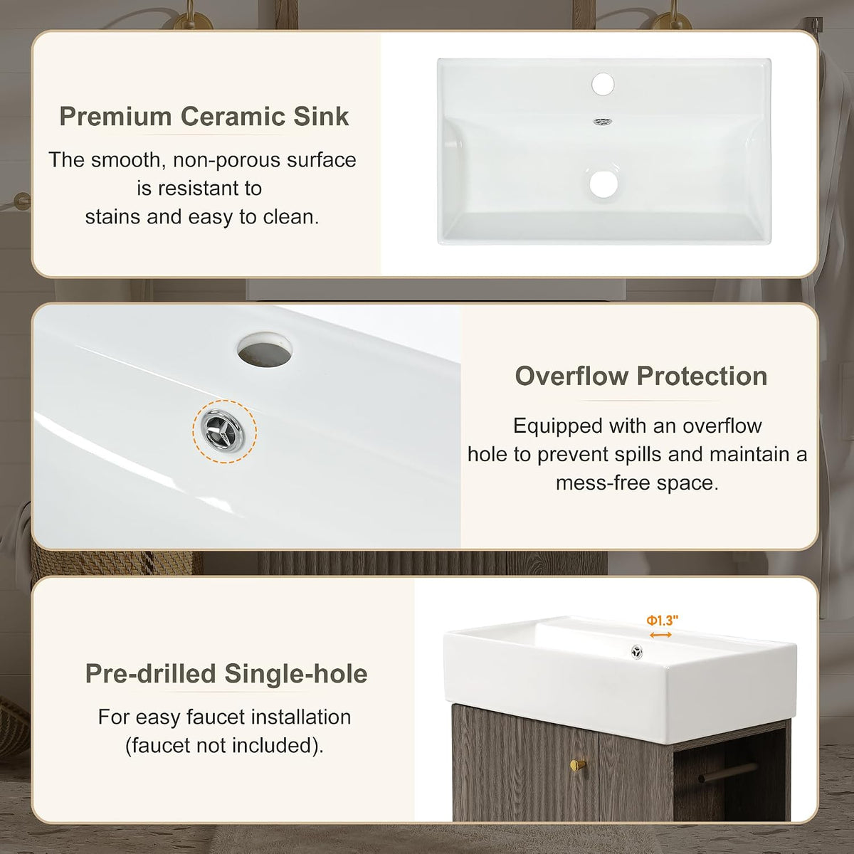 JIVOIT Bathroom Vanity with Ceramic Sink, 21.6" Bathroom Cabinet with Open and Closed Storage, a Tissue Holder, Side Storage, Modern Left Door Wood Grain Cabinet for Small Space