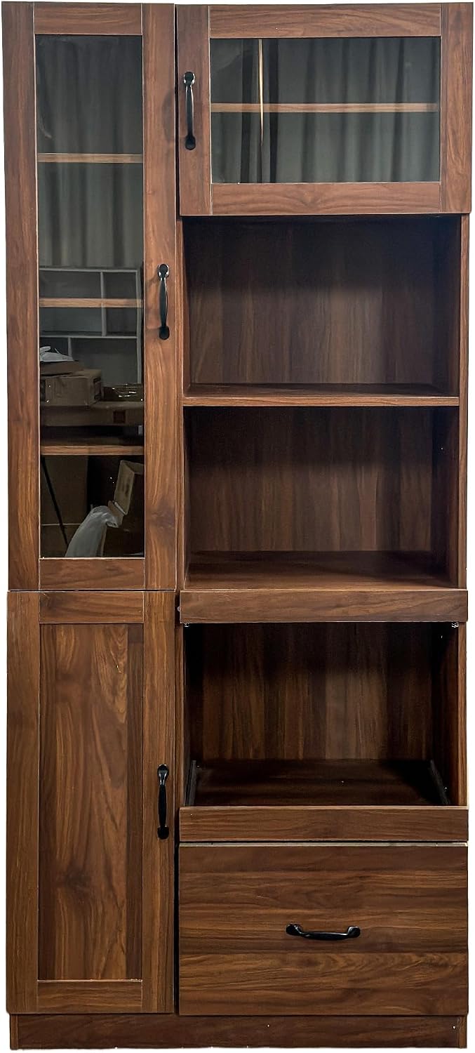 70.87" Tall Kitchen Pantry Storage Cabinet with Pull-out Trays, Farmhouse Hutch Cupboard with 3 Doors, Open Shelves and Drawer, Coffee Bar Cabinet with Microwave Stand for Dining Room, Coffee Bar