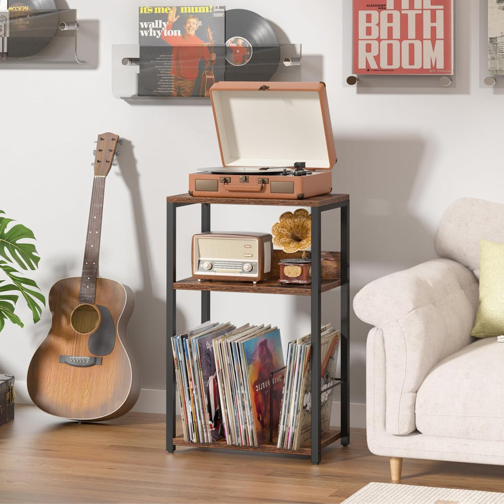 LELELINKY Record Player Stand Set of 2, 3-Tier End Side Table with Vinyl Record Storage, Vinyl Record Holder Up to 120 Albums, Turntable Stand with Vinyls Storage for Music Living Room