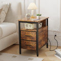 End Table with Charging Station, Narrow Side Table with 2 Fabric Drawers & Storage Shelf, USB Ports & Power Outlets, Nightstand for Bedroom, Living Room and Small Spaces, Rustic Brown