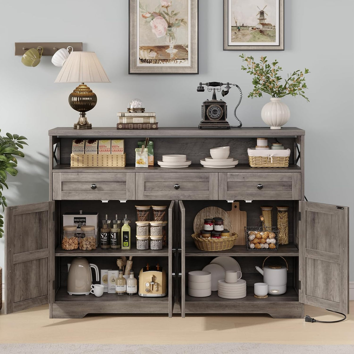 Befrases Farmhouse Sideboard Buffet Cabinet, Barn Doors Storage Cabinet with Drawers and Open Shelf, 47.2'' Wood Coffee Bar Microwave Station for Kitchen, Living Room, Hallway, Grey