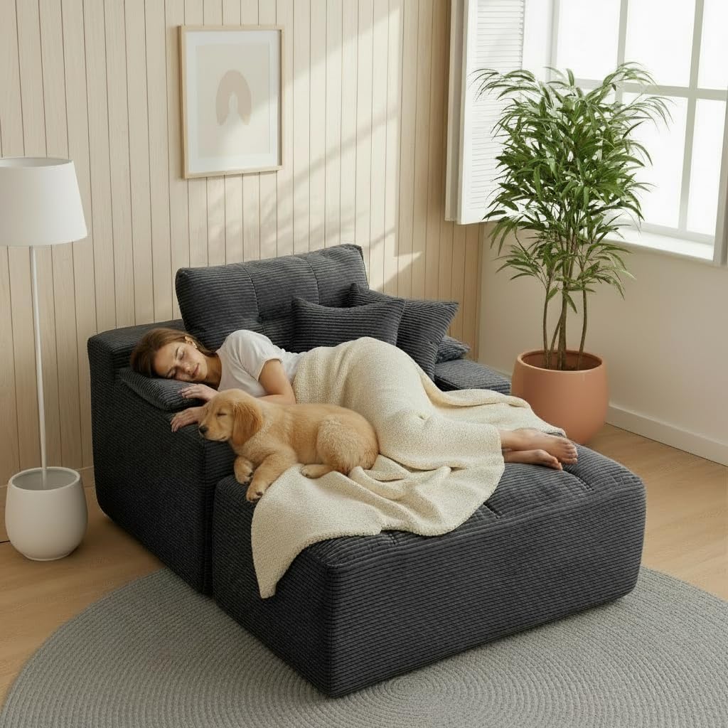 50" Oversized Chaise Lounge Chair Indoor, Plush Faux Fur Cloud Sofa Couch with Pillows, No Assembly Deep Seat Reading Chair Bed, Cozy Floor Couch for Living Room or Bedroom