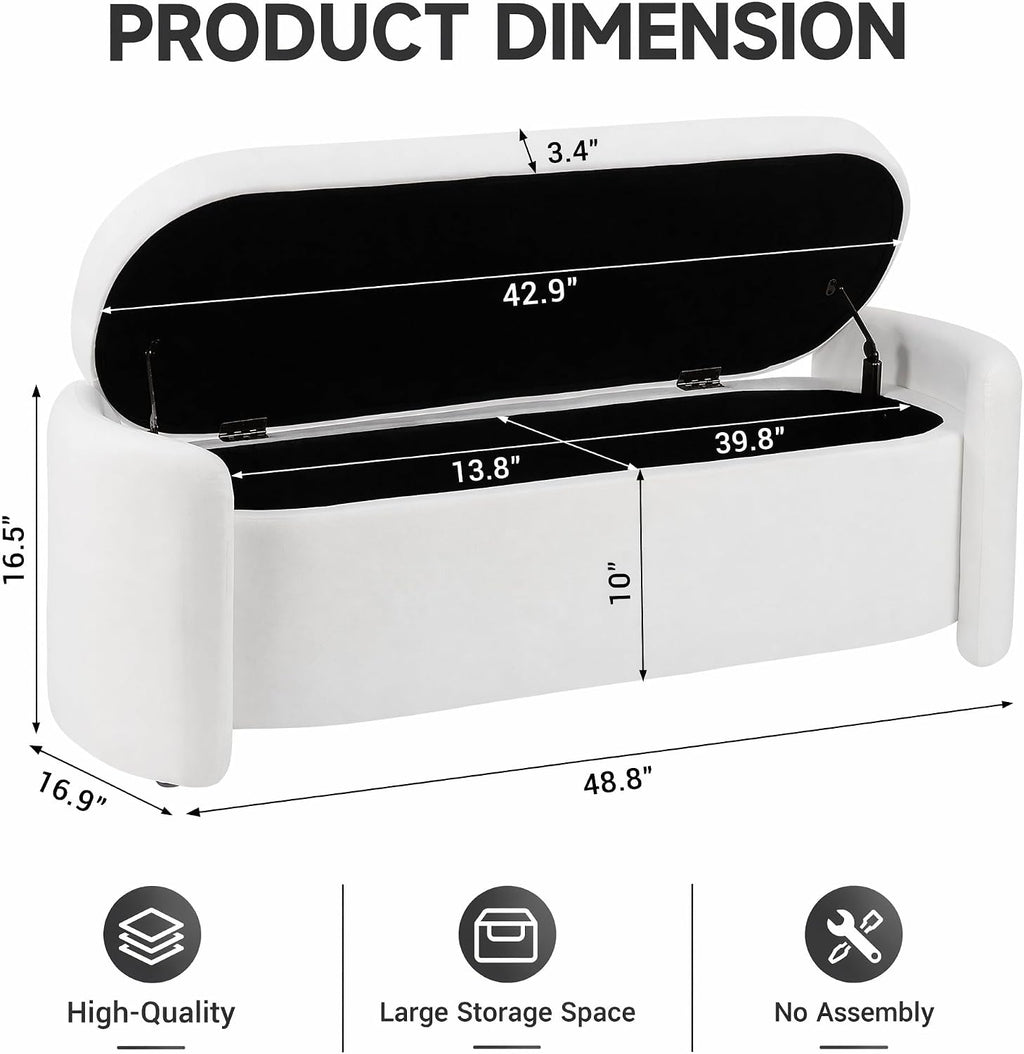 Oval White Velvet Storage Ottoman Bench, 48.8" | Velvet Upholstered Ottoman Bench with Storage, Safety Hinge, Foot Rest for Living Room, Bedroom, Small Apartment