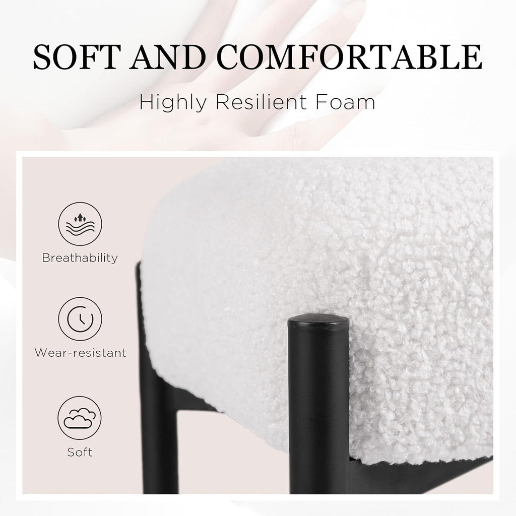Vanity Stool Chair Faux Fur, 16.3" L x 12.8" W x 17.3" H Soft Ottoman, Makeup Chair Bench Furry Padded Seat with 4 Metal Legs, Footstool Multifunctional Chairs for Bedroom, Living Room, White