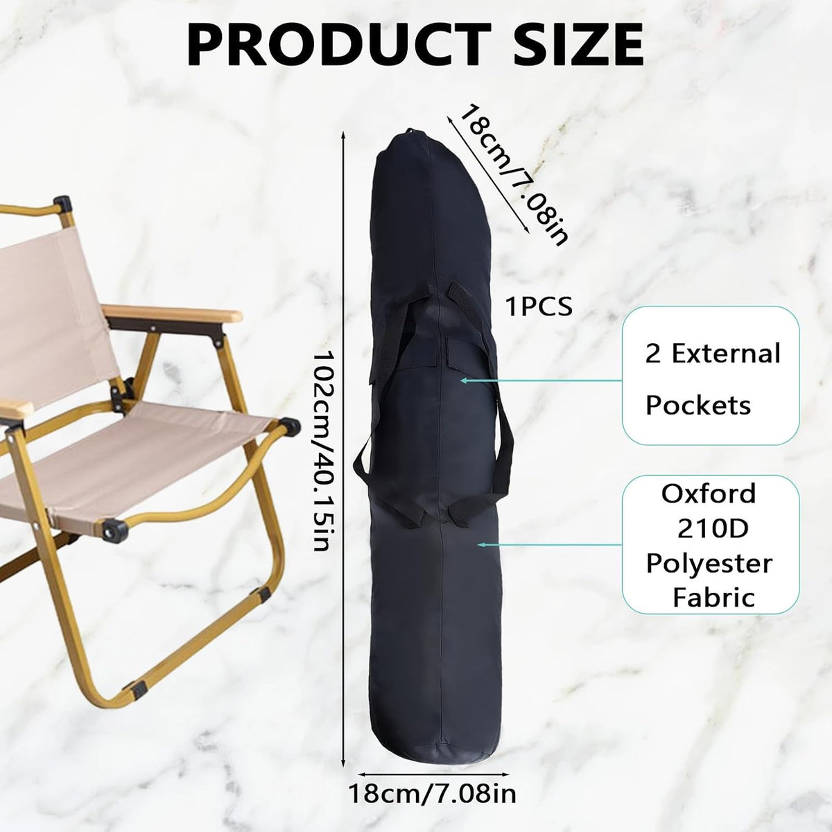 Black Camping Chair Replacement Bag, 40 x 7 x 7 Inch Folding Camp Bags with Shoulder Strap, 210D Oxford Cloth Chair Bags for Hammock Yoga Mat Poles Tent Travel Accessories