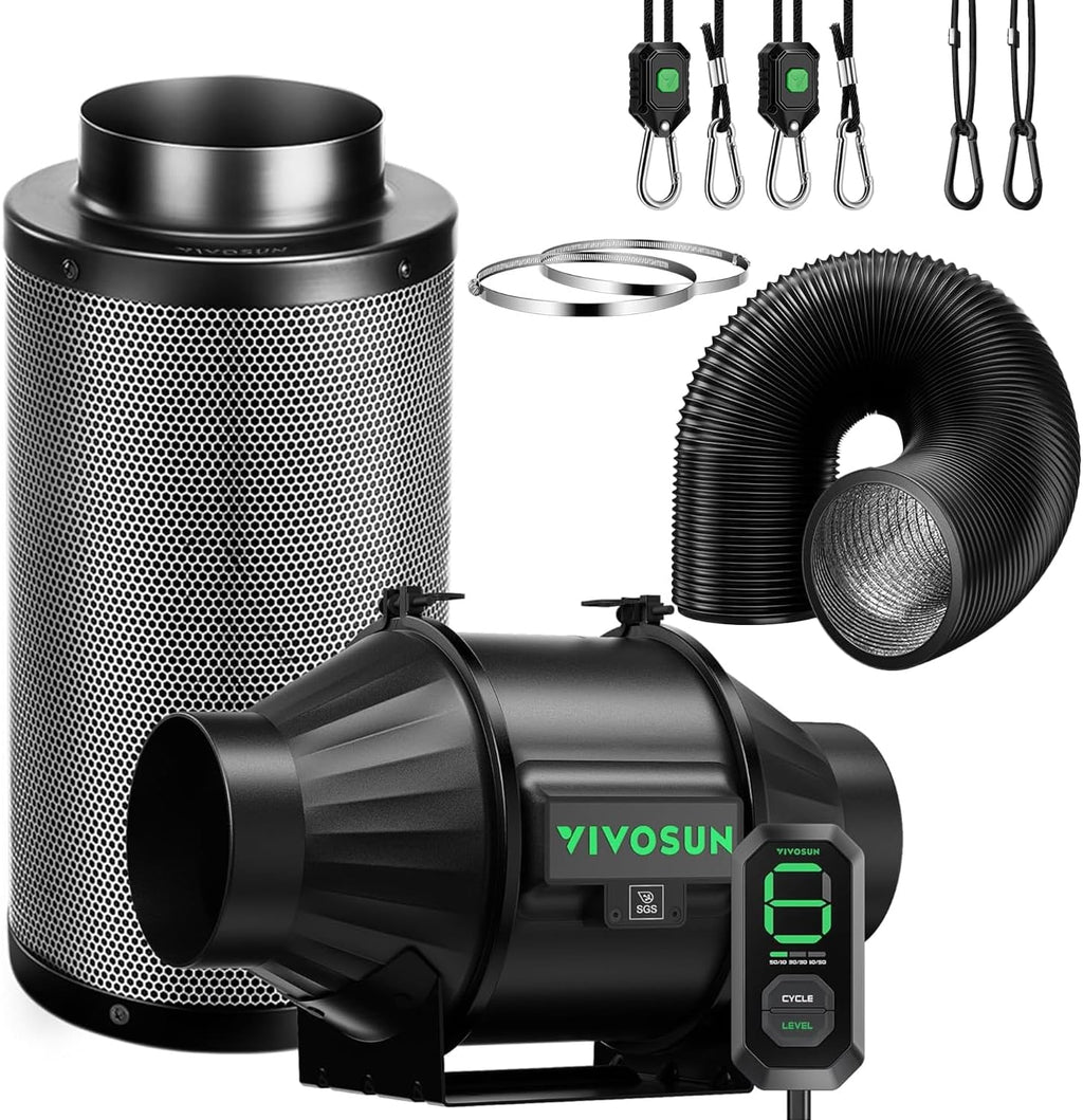VIVOSUN Smart Air Filtration T4 Kit, 4" – Inline Duct Fan, Carbon Filter & Speed Controller for Grow Tents