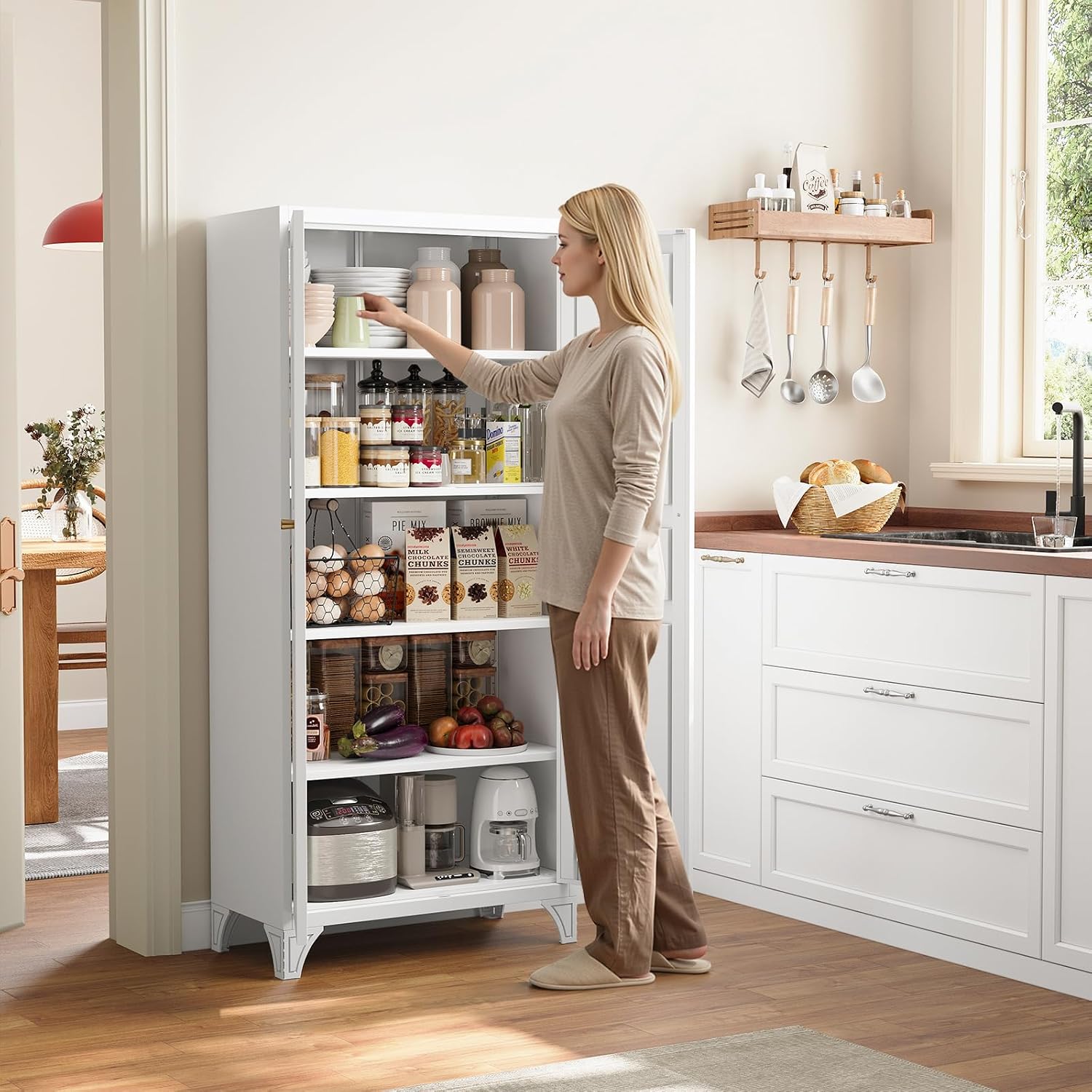 Yizosh Metal Storage Cabinet with 2 Doors and Adjustable Shelves - 61" White Kitchen Pantry Storage Tall Steel Cabinets Locker for Kitchen, Living Room, Dining Room