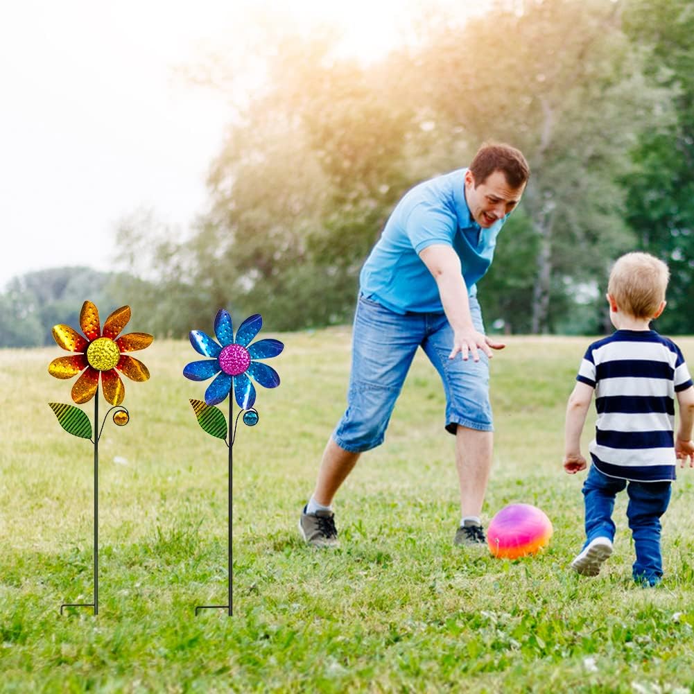 2Pack Garden Wind Spinners,Metal Wind Sculptures Outdoor Windmill Flower Pinwheel Decorations for Yard Lawn Patio Decor