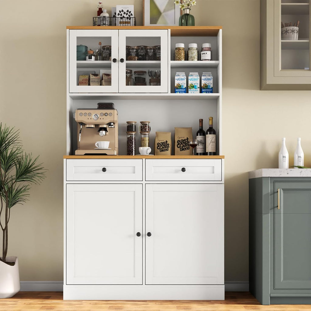 Tall Kitchen Pantry Cabinet, Modern Kitchen Hutch with Microwave Stand | Pantry Storage Cabinet with 2 Darwers & Door Shelf, Food Pantry with Glass Doors & Adjustable Shelves for Dining Room, White