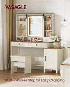 VASAGLE Farmhouse Vanity Desk with Mirror and Lights, Stool, 2 Drawers | Makeup Vanity, Charging Station for Bedroom, Jewelry Storage, Rustic White and Honey Brown, LIRY Collection URDT135W01S