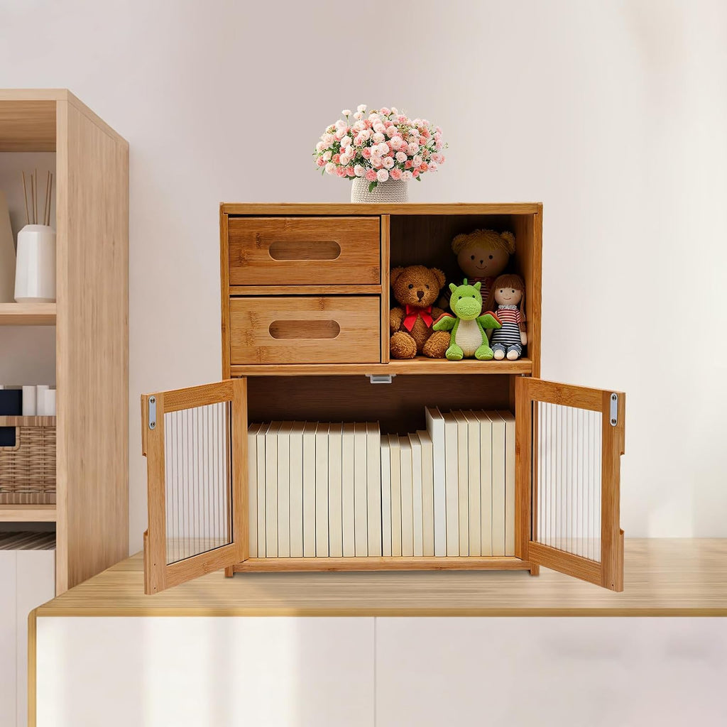 Countertop Bamboo Kitchen Pantry, 16.5*9*18.9in, Freestanding Sideboard with 2 Drawers and Clear Doors, Large Capacity Storage Cabinet for Home Kitchen Dining Living Room, Natural Wood Color