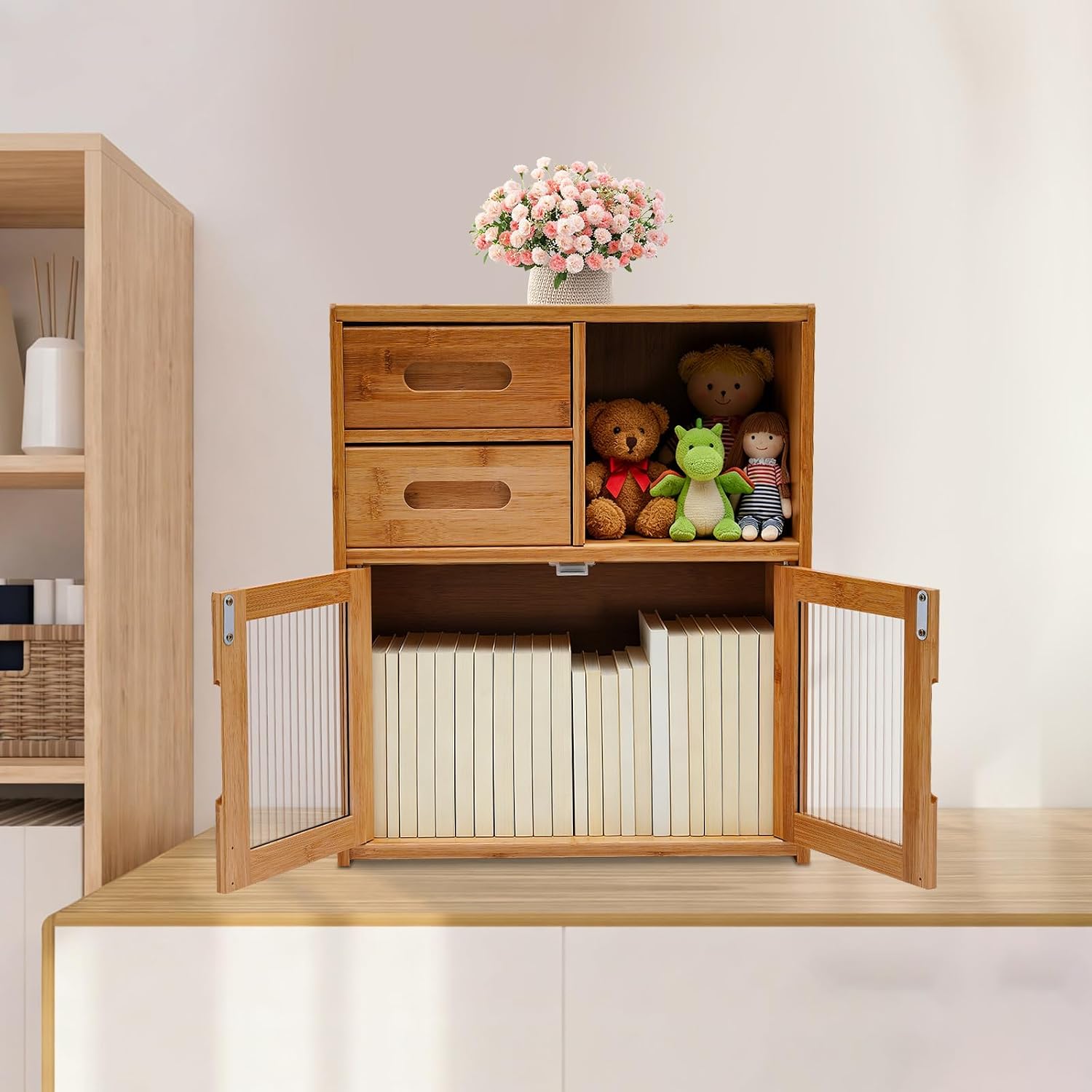 Countertop Bamboo Kitchen Pantry, 16.5*9*18.9in, Freestanding Sideboard with 2 Drawers and Clear Doors, Large Capacity Storage Cabinet for Home Kitchen Dining Living Room, Natural Wood Color