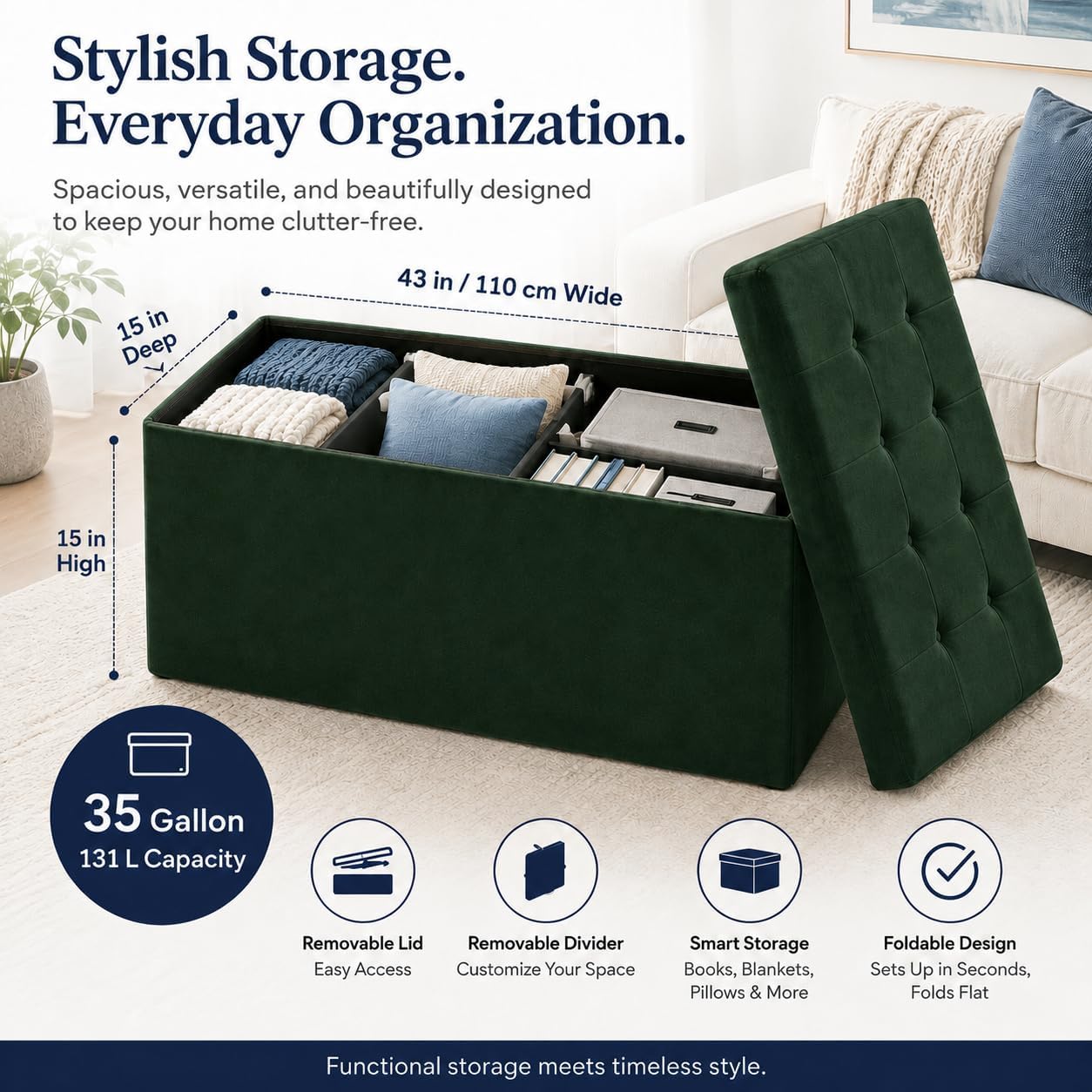 ALASDO 43 Inch Folding Storage Ottoman Bench with Hidden Storage, Velvet Storage Ottoman Foot Rest Stool, End of Bed Bench for Bedroom, Living Room, Entryway and Closet, Dark Green