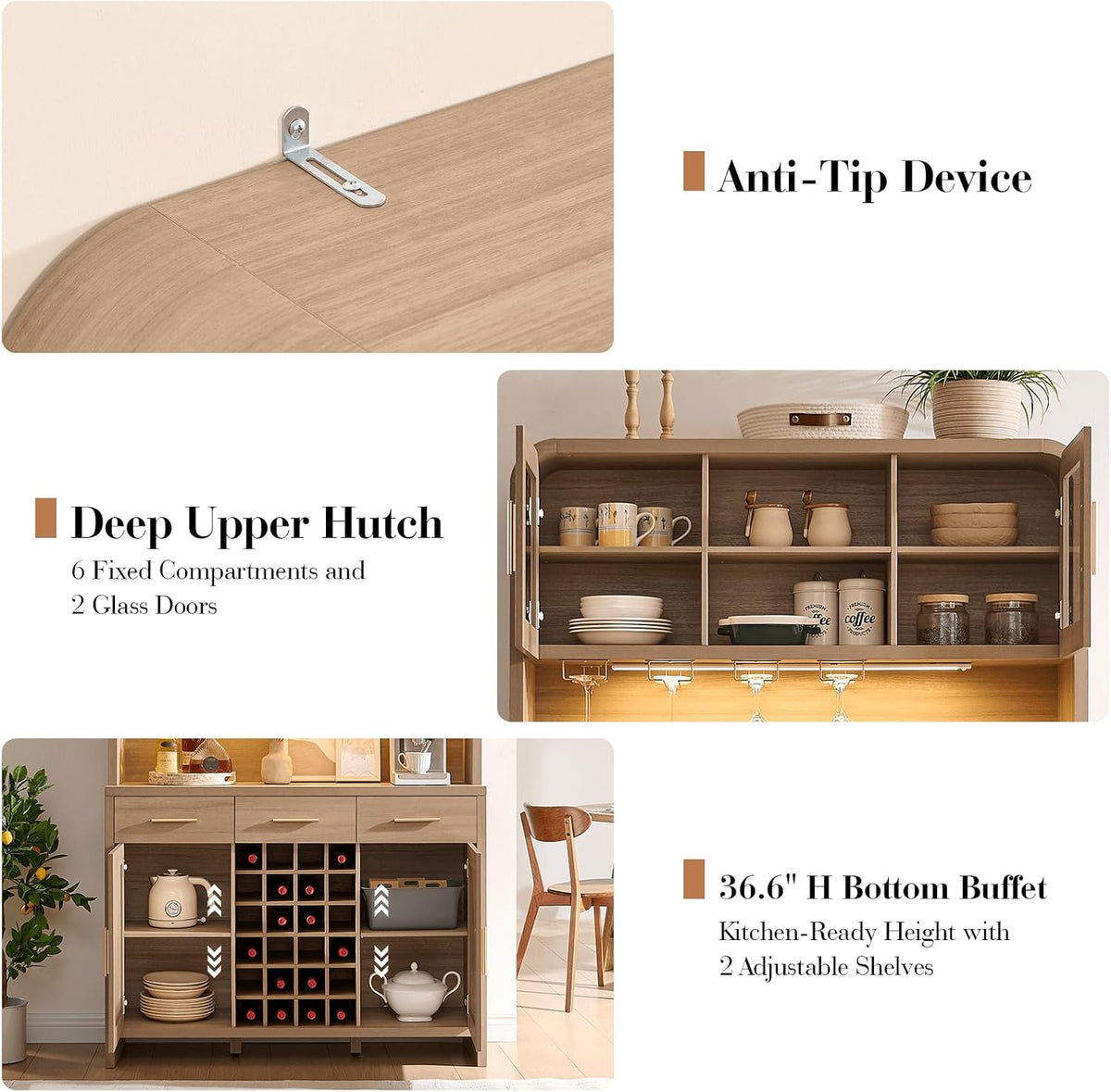 77" Tall Pantry Cabinet & Coffee Bar Cabinet with Storage,Natural Oak | Wine Cabinet for Dining Room Home with LED Lighting & Charging Station, Bar Cabinets for Kitchen,Dining Room, Living Room