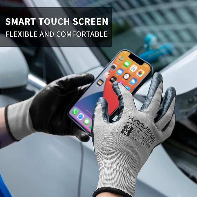 MANUSAGE Safety Work Gloves Nitrile For Men and Women, with Touchscreen Fingers, Men's Work Gloves with Grip, Mechanics Gloves (Size-XL, Grey, 3 Pairs)