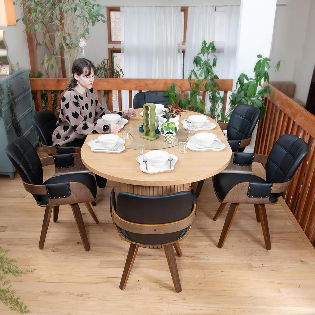 Dining Chairs Set of 6, 360° Swivel Faux Leather Dining Room & Kitchen Chairs with Arms, Ergonomic Curved Back, 19.7" Seat Height, Bentwood Solid Wood Frame, Walnut Finish, Mid-Century Modern, Beige