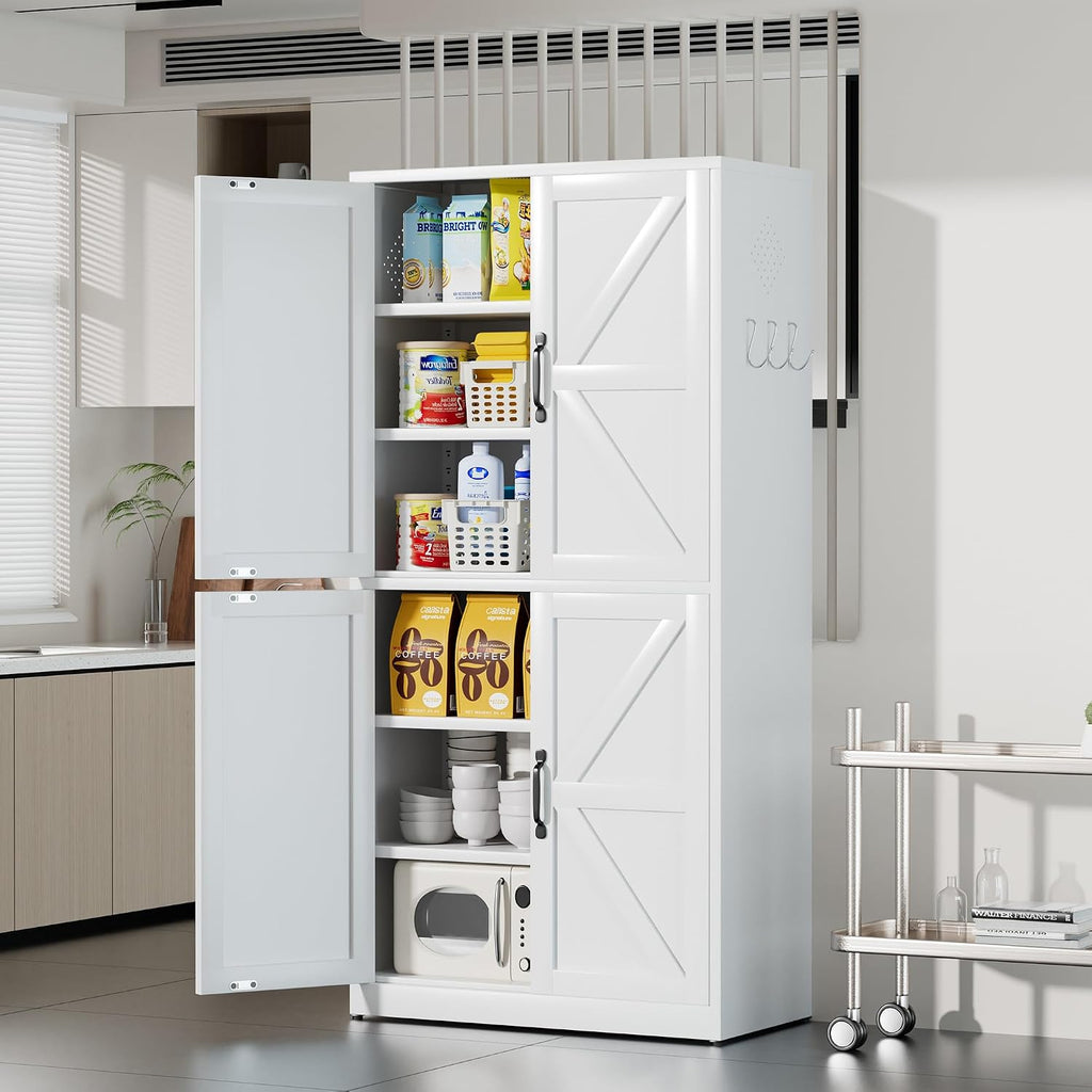 White Steel Kitchen Pantry Storage Cabinet with Adjustable Shelves, Heavy Duty Country Style Metal Storage Cabinet for Kitchen Bathroom Living Room