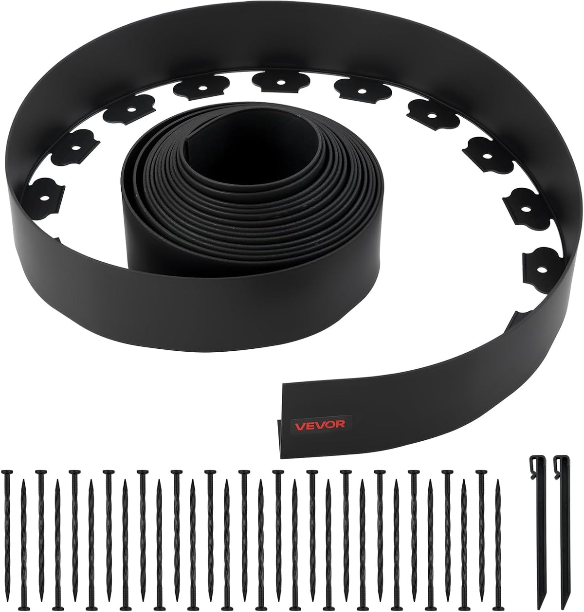 VEVOR Landscape Edging, 33 ft x 4 in Plastic Garden Border Edging with 30 Spikes & 2 Ground Stakes, No Dig, Flexible Lawn Edgings Roll, UV-Resistant Mini Fence Borders for Flower Beds Yard Paver
