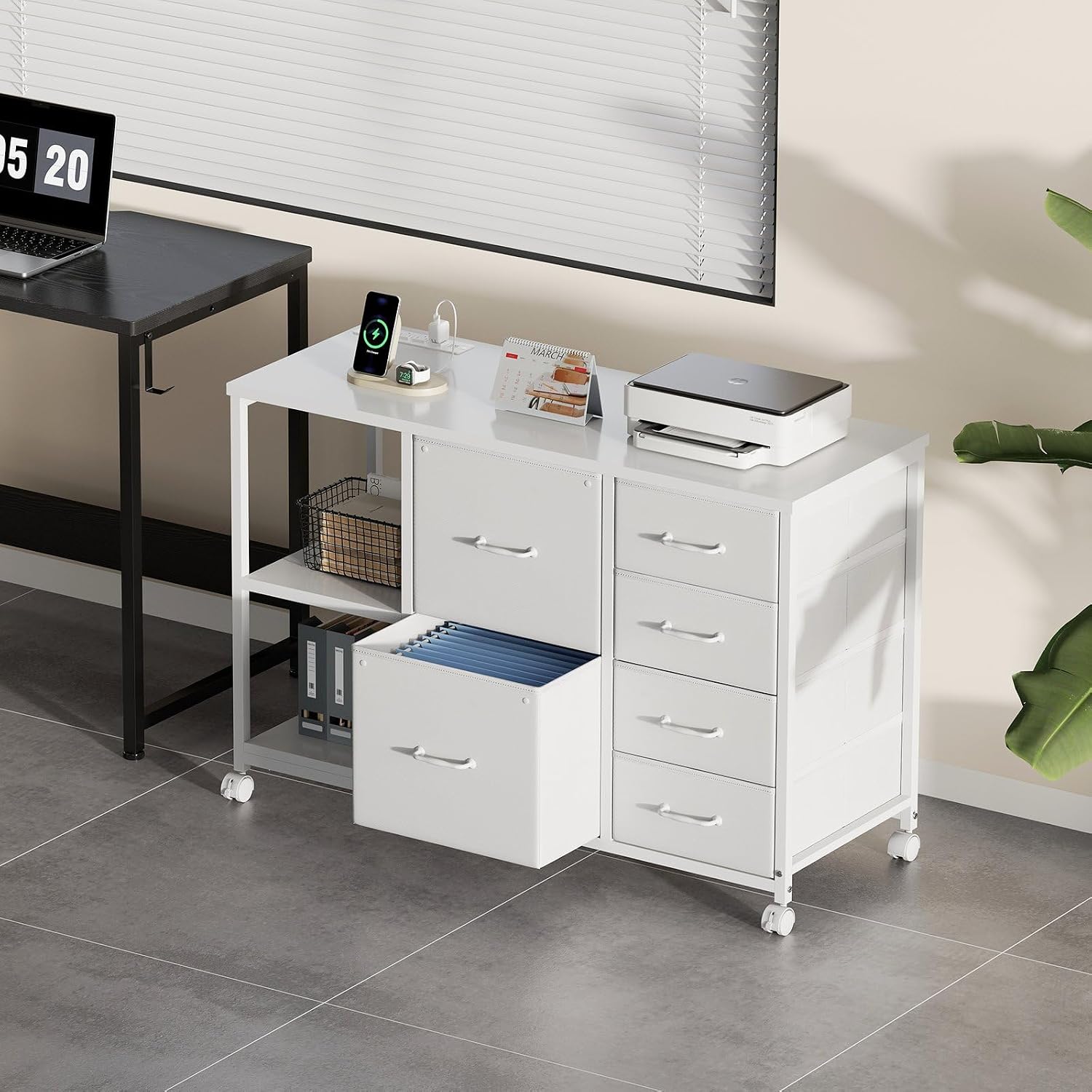 Maihail 6 Drawer File Cabinet with Charging Station and Open Storage Shelf, White