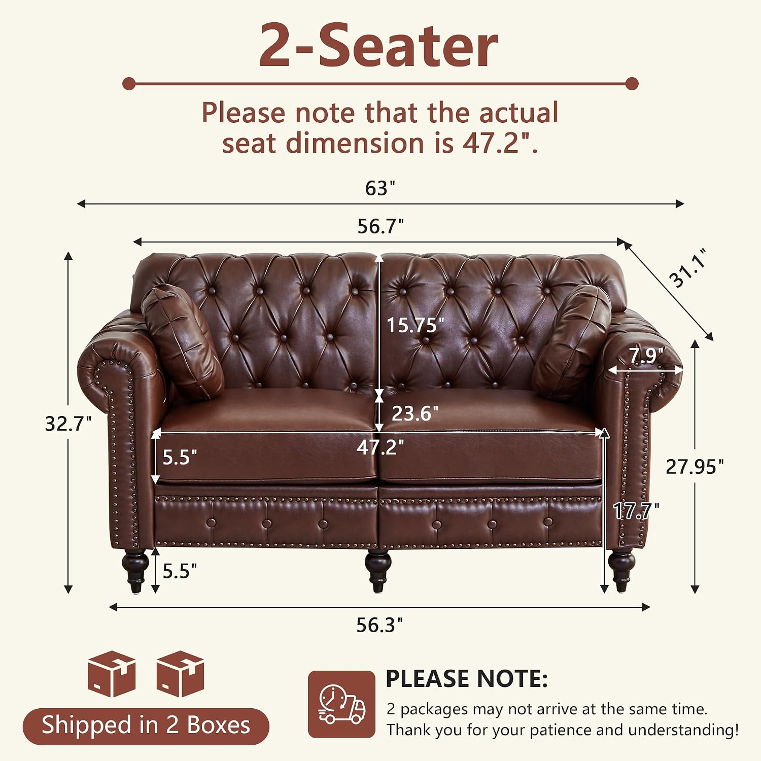 ORRD Chesterfield Small Loveseat, High Back Modern Faux Leather Couch with Button Tufted, Nailhead Trim, Rolled Arms, Extra Round Cushion – Classic Sofa for Living Room, Lounge, or Office, Dark Brown