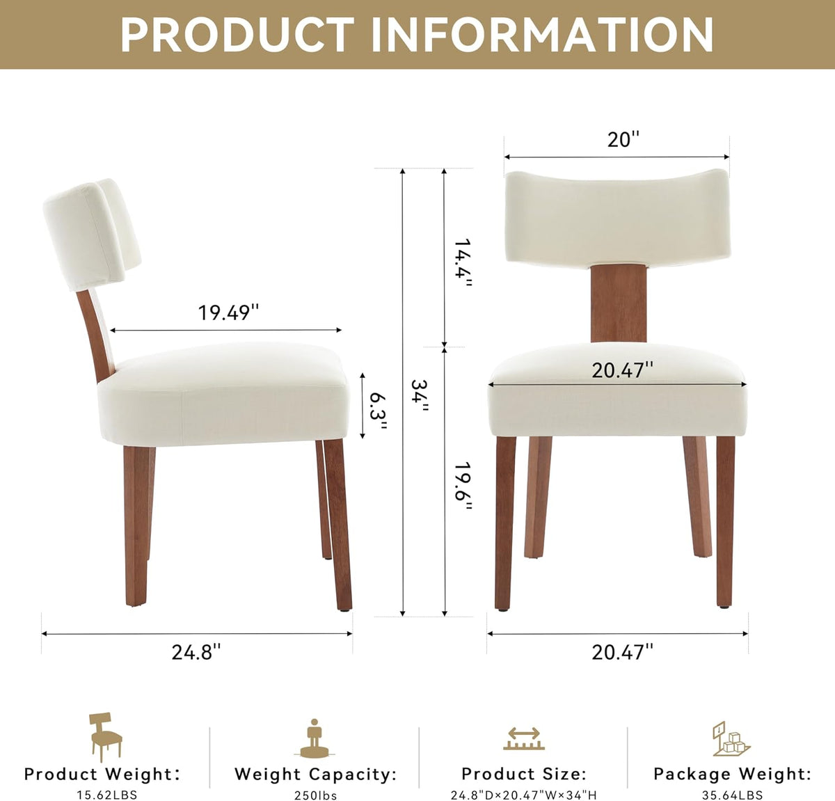 Mid-Century Modern Dining Chairs Set of 4, Upholstered Linen Fabric Kitchen Chairs with Curved Backrest, Farmhouse Dining Room Chairs with Solid Wood Legs, Easy Assembly, Beige