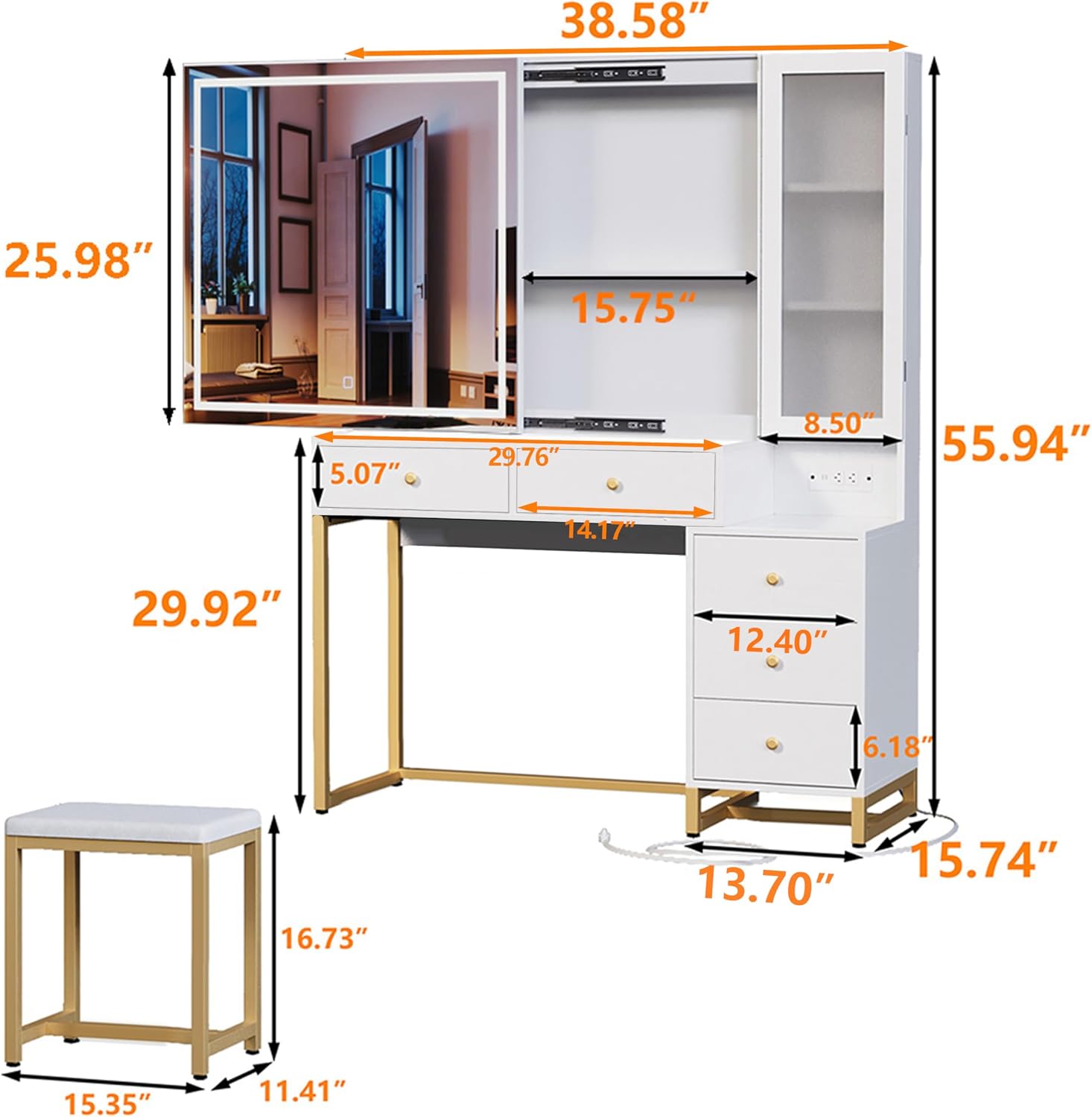 Extra Large Modern Makeup Vanity Table Set with Sliding Lighted Mirror, Charging Station, Cushioned Stool, 5 Hidden Storage Drawers & Matching Nightstand for Women(White - Sliding Mirror)