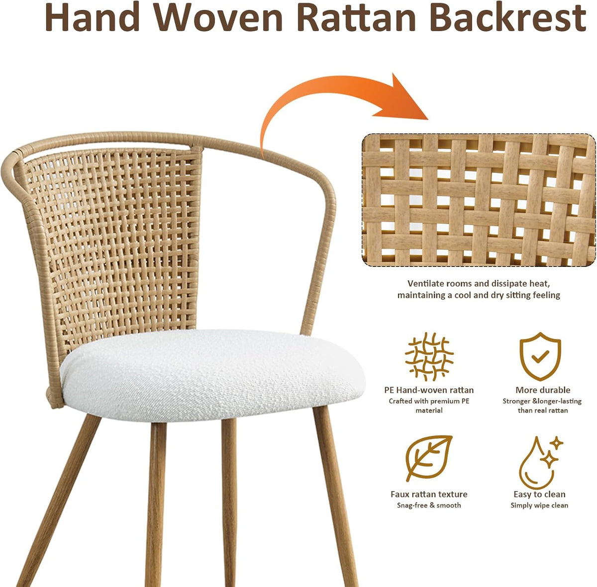 Rattan Dining Chairs,Upholstered Boucle Cushion with PE Cane Wing Back Kitchen Chair,Modern Dining Room Chair with Wood Metal Legs for Kitchen,Beige White Set of 4