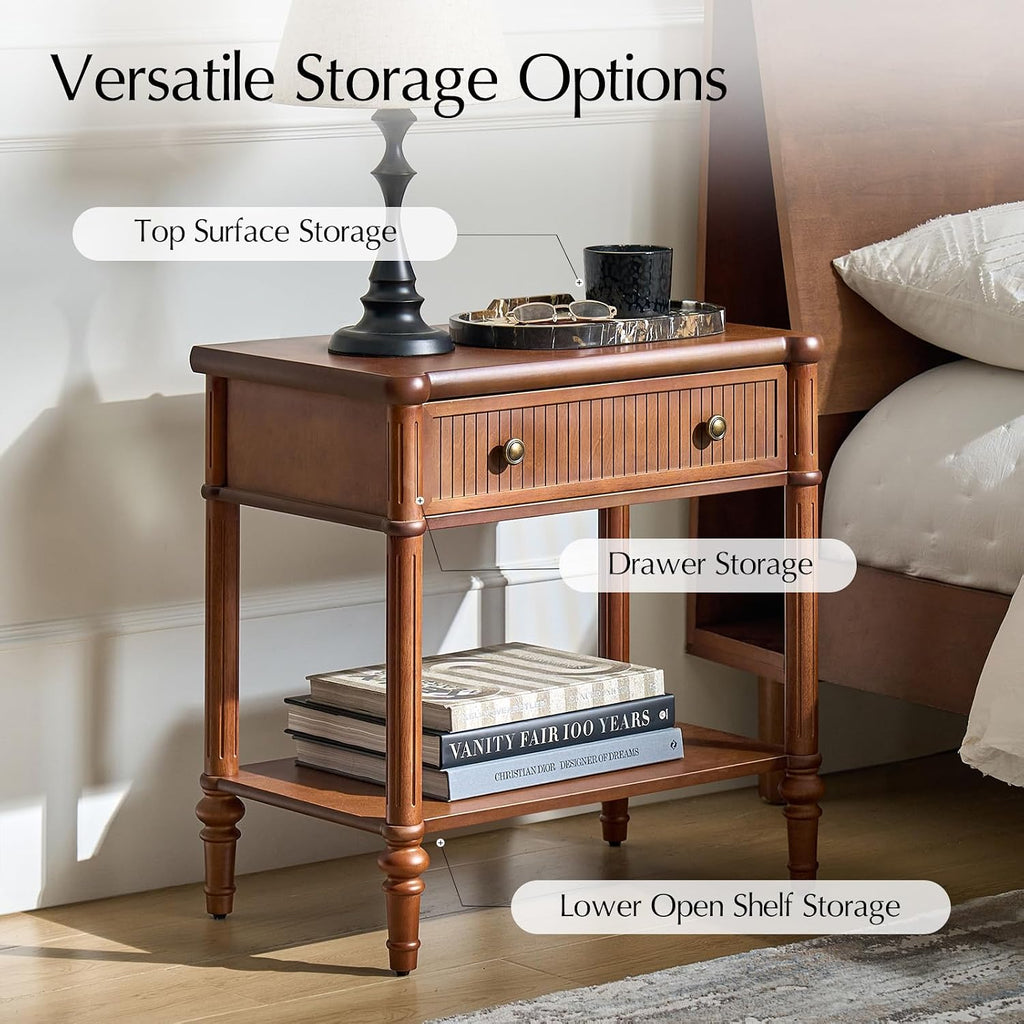 HULALA HOME Wood Nightstand with Charging Station, Traditional End Table with Solid Wood Drawer and Legs, Fluted Nightstand for Living Room, Bedroom Set of 2, Brown