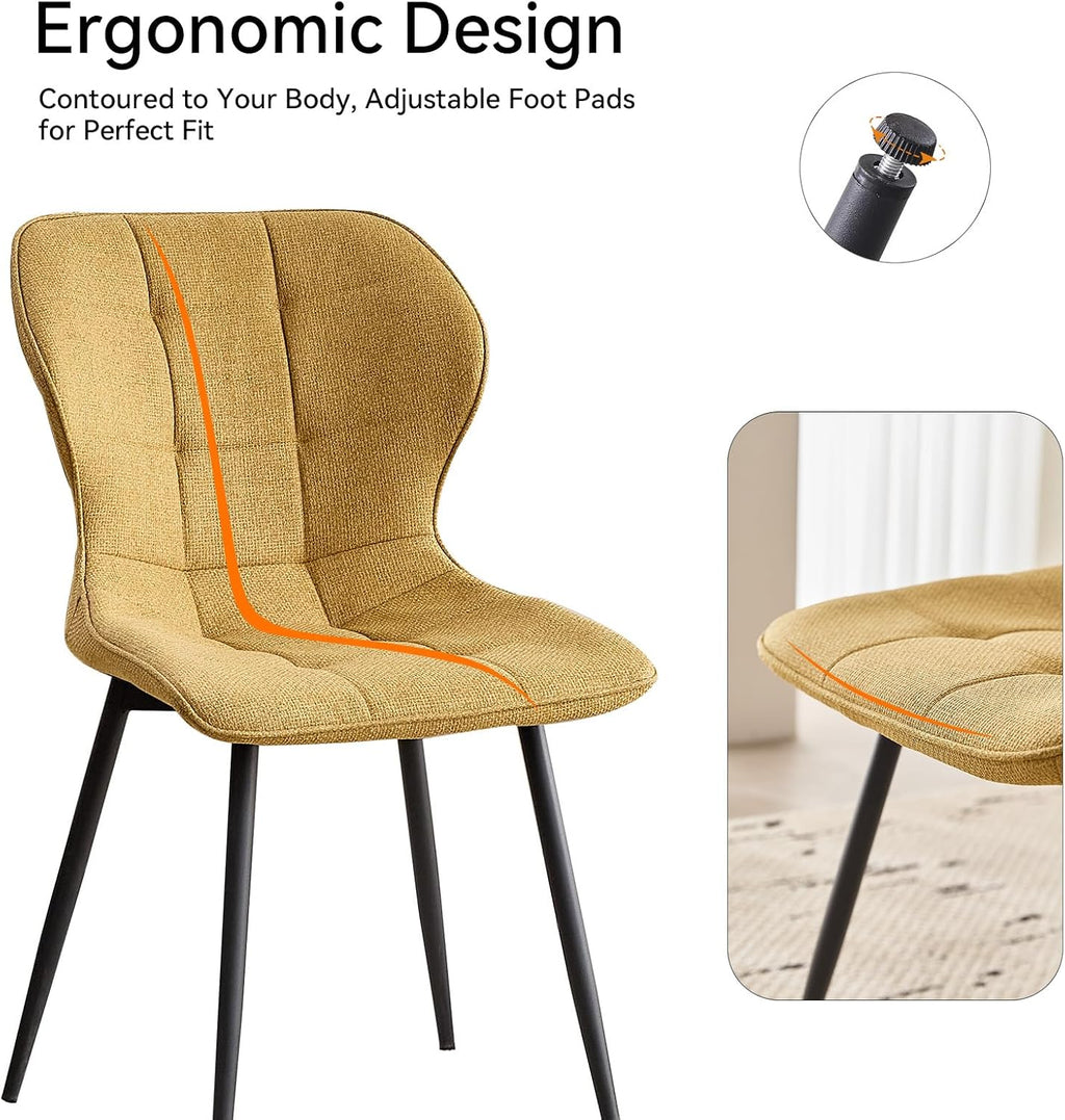 Modern Upholstered Dining Chairs Set of 4, Yellow(Only Chairs) | Armless Curved Backrest Dining Room Chair Water Resistant Fabric Kitchen Chairs with Adjustable Foot Pads for Living Room