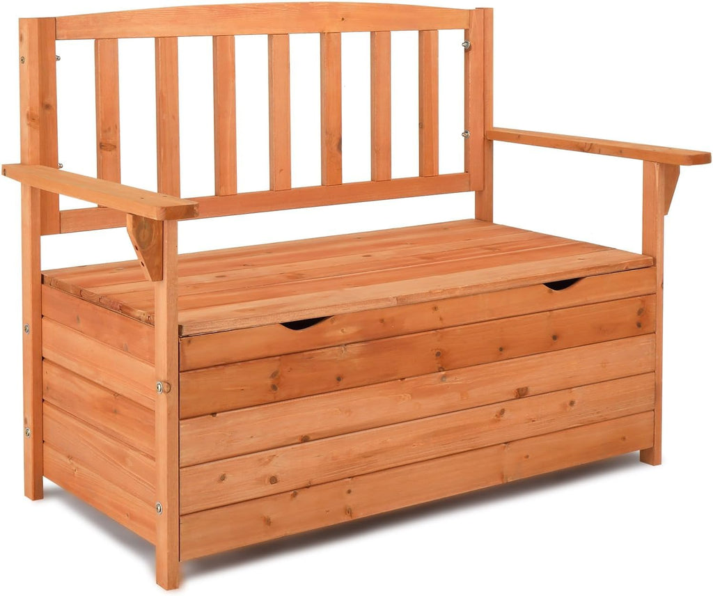Outdoor Cedar Wood Storage Bench with Backrest and Armrests | 44.09 x 22.83 x 33.07 Inch, 440 lbs Capacity