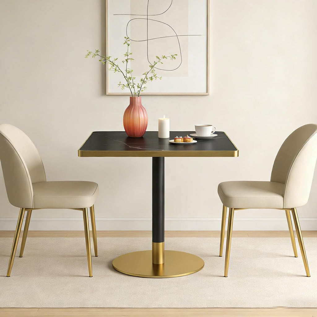 SSLine Square Dining Table for 2 Modern Luxury Marble Sintered Stone Kitchen Table for 2-4, Small 31.5" Bistro Tulip Table with Faux Marble Top and Gold Metal Pedestal Base