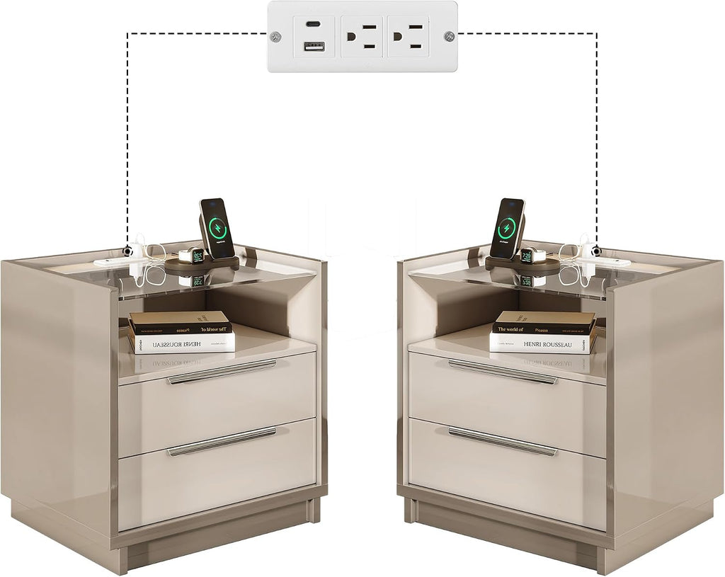 AMERLIFE 23.6" Nightstand Set of 2, Modern Bedside Table, Cream & Grey | High Gloss End Table, Night Stand with Charging Station, 2 Drawers & Open Shelf, Glass Top, Easy Assembly, Bedroom Storage