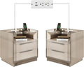 AMERLIFE 23.6" Nightstand Set of 2, Modern Bedside Table, Cream & Grey | High Gloss End Table, Night Stand with Charging Station, 2 Drawers & Open Shelf, Glass Top, Easy Assembly, Bedroom Storage