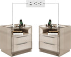 AMERLIFE 23.6" Nightstand Set of 2, Modern Bedside Table, Cream & Grey | High Gloss End Table, Night Stand with Charging Station, 2 Drawers & Open Shelf, Glass Top, Easy Assembly, Bedroom Storage