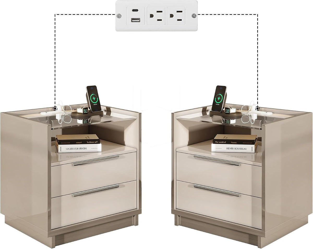 AMERLIFE 23.6" Nightstand Set of 2, Modern Bedside Table, Cream & Grey | High Gloss End Table, Night Stand with Charging Station, 2 Drawers & Open Shelf, Glass Top, Easy Assembly, Bedroom Storage