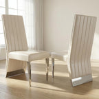 AUZ Modern White Leather Dining Chairs with Silver Mirrored Legs, Set of 2 | White Upholstered Leather Kitchen Room Chairs, High Back with Nailhead Trim, Polished Chrome Stainless Steel Legs