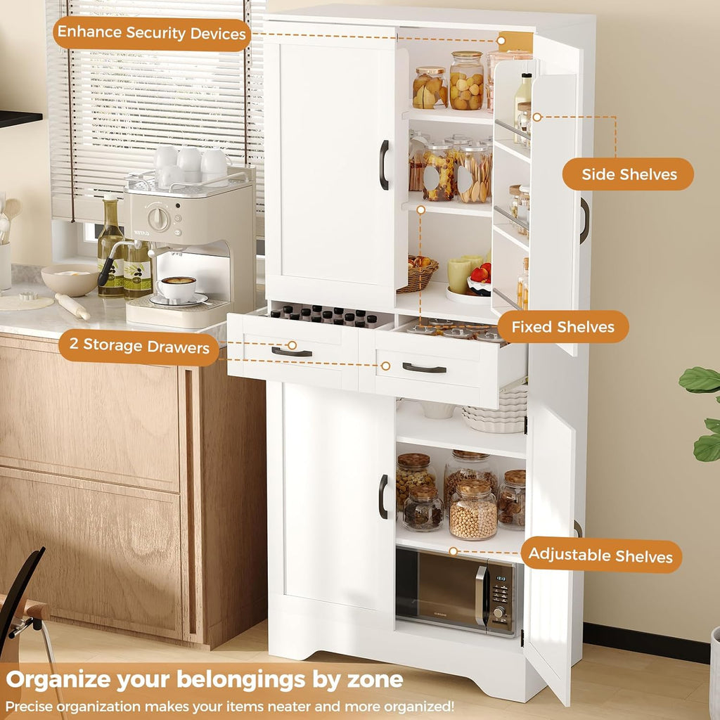 71" Tall Kitchen Pantry Cabinet, Pantry Organizers and Storage Cabinet, Kitchen Storage Cabinets with Doors, Side Storage, 2 Drawer, Adjustable Shelves for Laundry, Bathroom, Garage, White, UXZSG001W