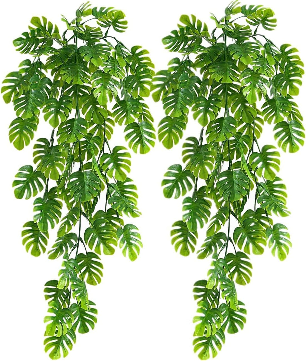 RECUTMS Artificial Hanging Plants 2 Pack, Fake Monstera Leaves Ivy Vine Faux Greenery UV Resistant Outdoor Tropical Palm Leaf Plant for Garden Home Jungle Hawaiian Luau Party Spring Summer Décor