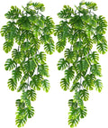 RECUTMS Artificial Hanging Plants 2 Pack, Fake Monstera Leaves Ivy Vine Faux Greenery UV Resistant Outdoor Tropical Palm Leaf Plant for Garden Home Jungle Hawaiian Luau Party Spring Summer Décor