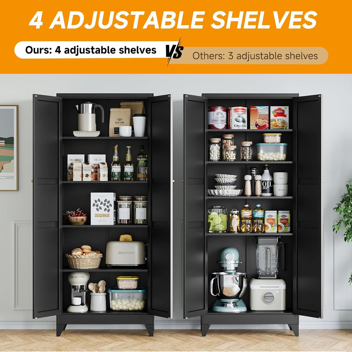 STANI 74.8" H Tall Kitchen Cabinet, Black Metal Pantry Storage Cabinet, 4 Adjustable Shelves, Kitchen Pantry Storage for Dining Room, Living Room, Bathroom 74.8" H x 15.7" D x 31.5" W