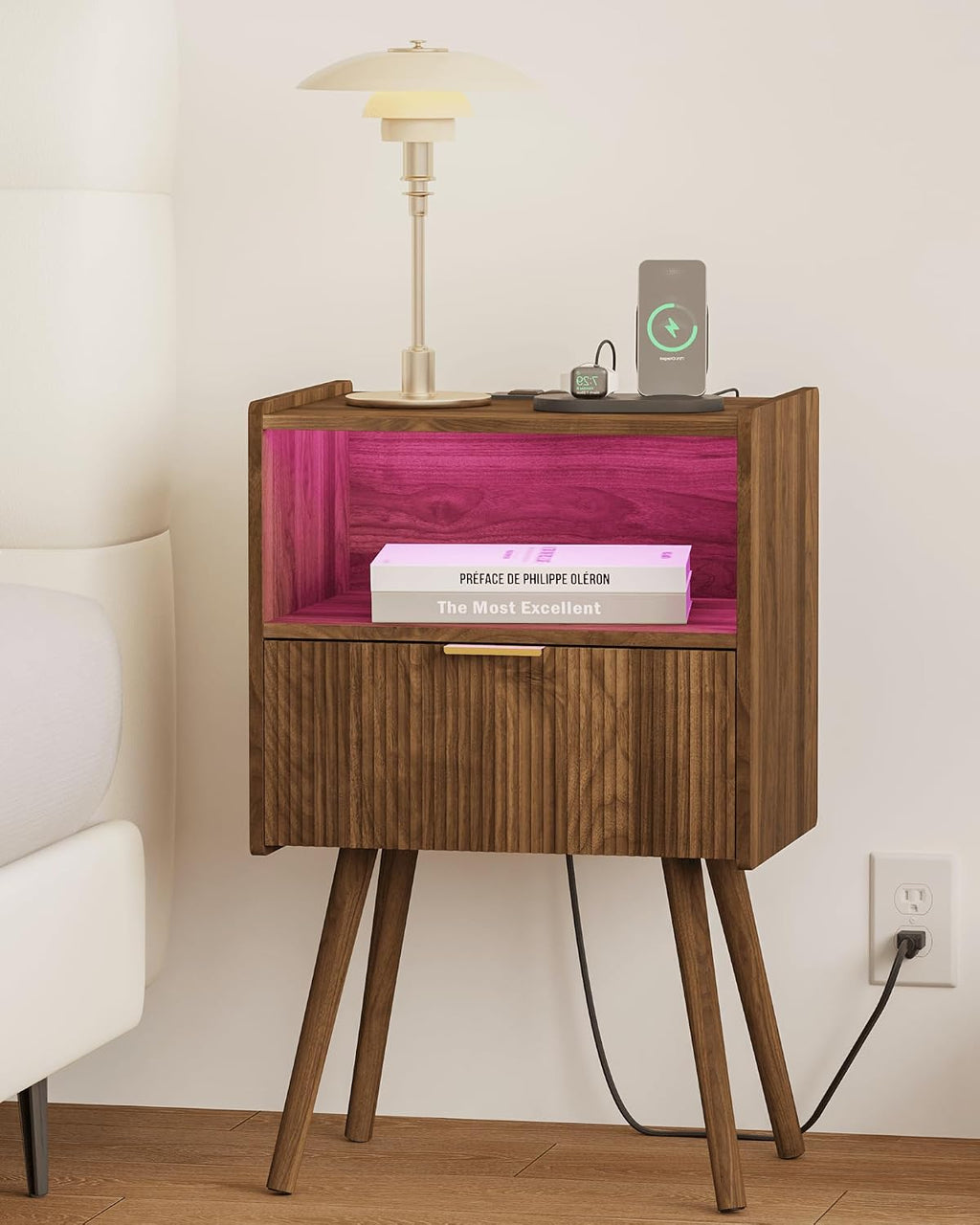 Leomonio Walnut Brown Nightstand, Modern Bedside Table with Charging Station & LED Lights, Plus Storage Drawer, Open Wood Shelf and Solid Wood Legs, for the Living Room, Bedroom & Small Spaces